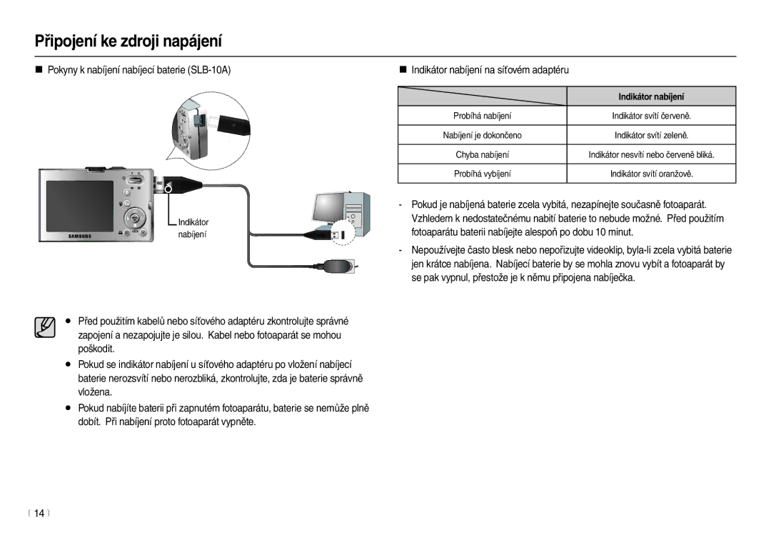 Samsung EC-M100ZSDB/E3 manual „ Pokyny k nabíjení nabíjecí baterie SLB-10A, 14 m, Indikátor nabíjení 