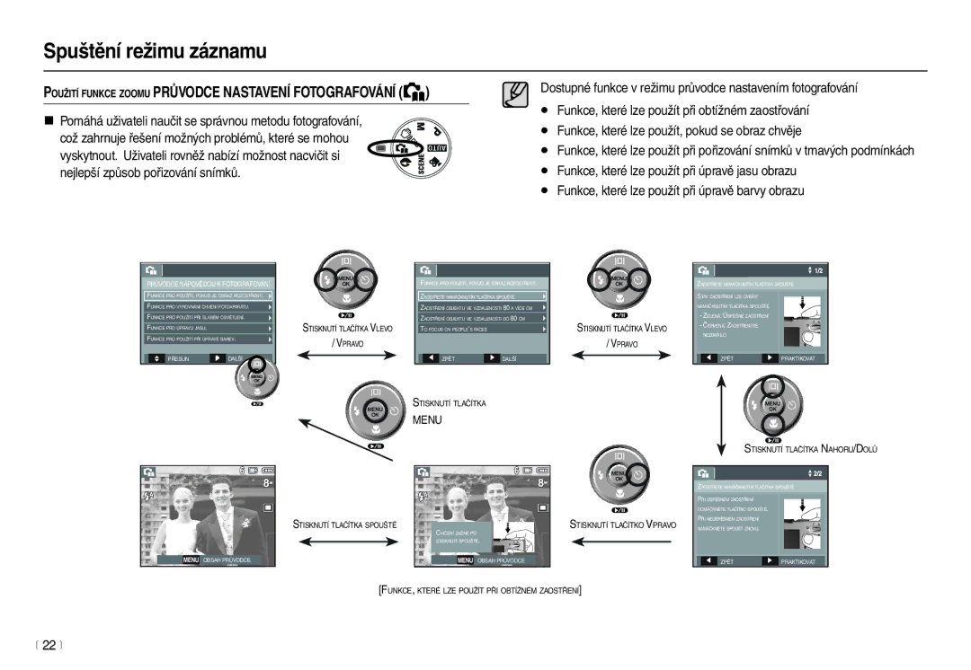 Samsung EC-M100ZSDB/E3 manual „ Pomáhá uživateli naučit se správnou metodu fotografování, 22 m 