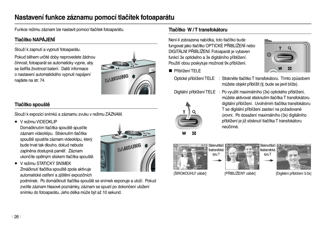 Samsung EC-M100ZSDB/E3 manual Nastavení funkce záznamu pomocí tlačítek fotoaparátu, Tlačítko Napájení, Tlačítko spouště 