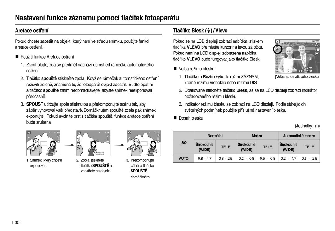 Samsung EC-M100ZSDB/E3 manual Aretace ostření, Tlačítko Blesk  / Vlevo, „ Dosah blesku, 30 m 