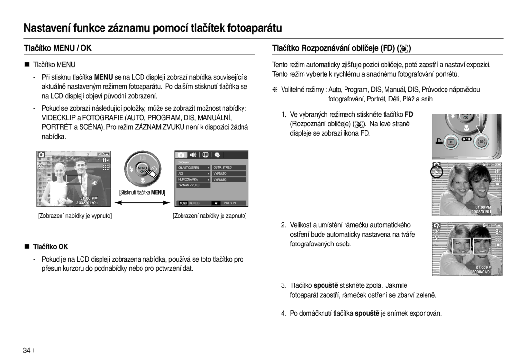 Samsung EC-M100ZSDB/E3 manual Tlačítko Menu / OK, Tlačítko Rozpoznávání obličeje FD , „ Tlačítko Menu, „ Tlačítko OK 