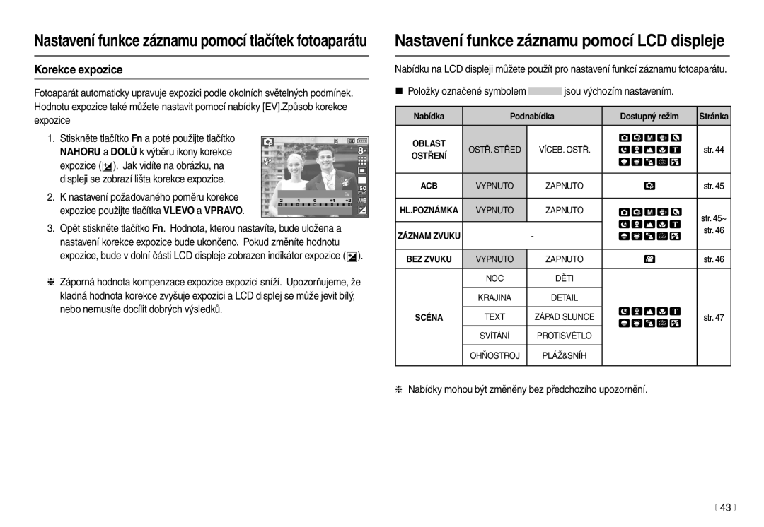 Samsung EC-M100ZSDB/E3 manual Korekce expozice, „ Položky označené symbolem jsou výchozím nastavením 