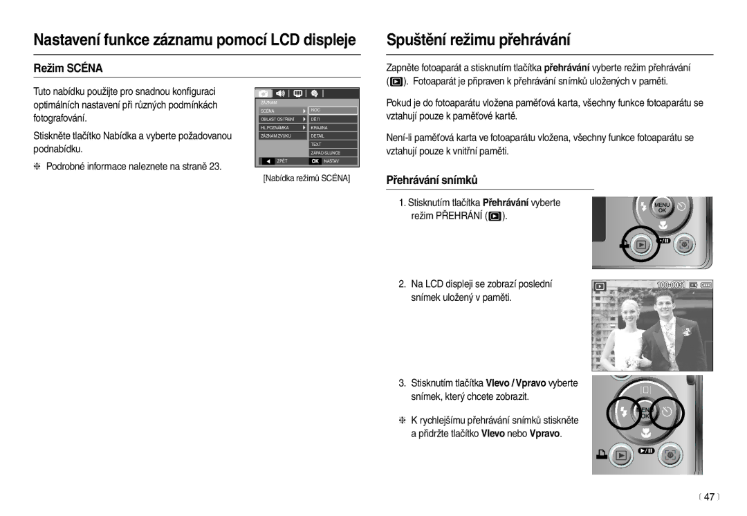 Samsung EC-M100ZSDB/E3 manual Spuštění režimu přehrávání, Režim Scéna, Přehrávání snímků, 47 m 