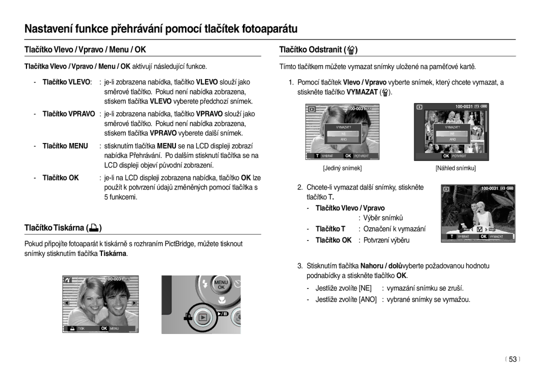 Samsung EC-M100ZSDB/E3 manual Tlačítko Vlevo / Vpravo / Menu / OK, Tlačítko Odstranit , Tlačítko Tiskárna , Tlačítko OK 