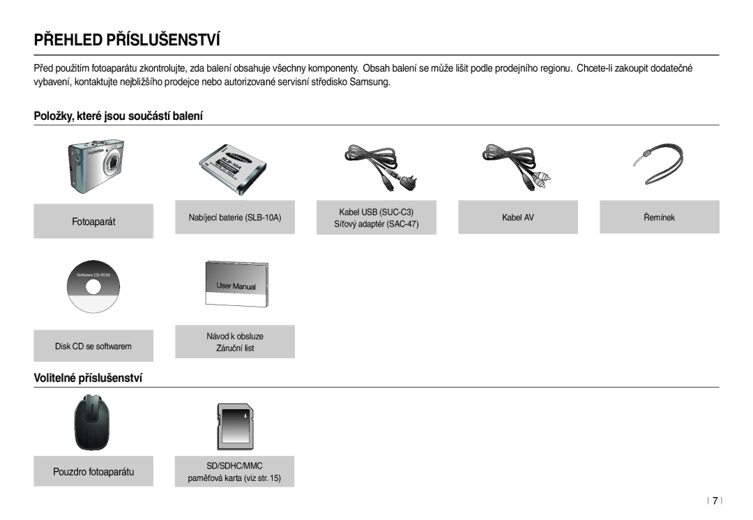 Samsung EC-M100ZSDB/E3 manual Položky, které jsou součástí balení, Volitelné příslušenství, Fotoaparát, Pouzdro fotoaparátu 