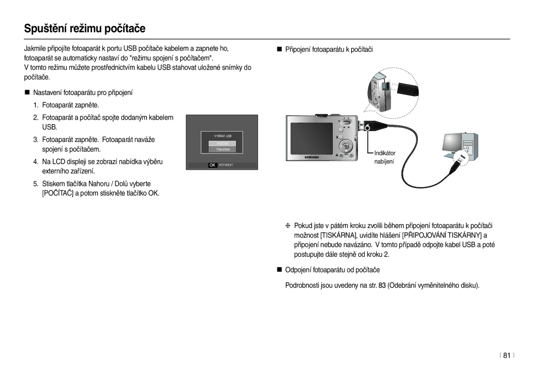 Samsung EC-M100ZSDB/E3 manual Spuštění režimu počítače 