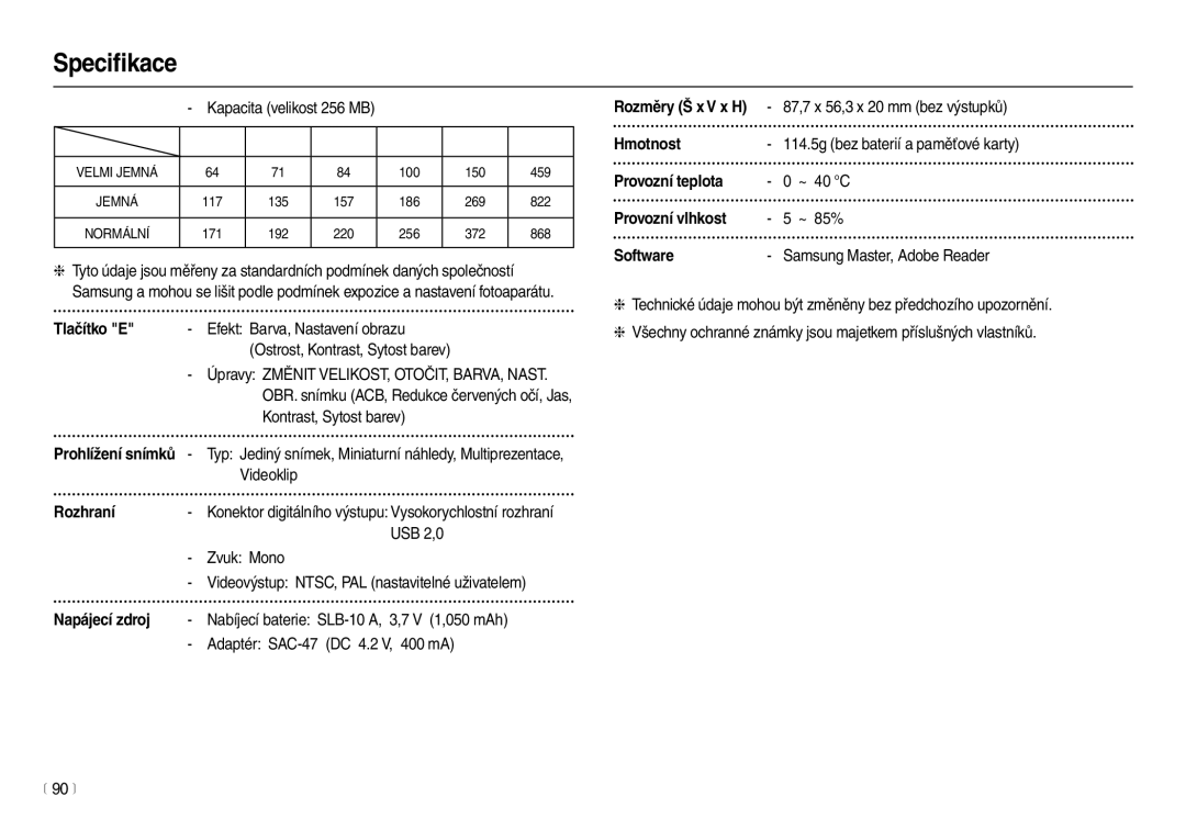 Samsung EC-M100ZSDB/E3 manual Tlačítko E, Rozhraní, Hmotnost, Provozní teplota, Provozní vlhkost, Software 