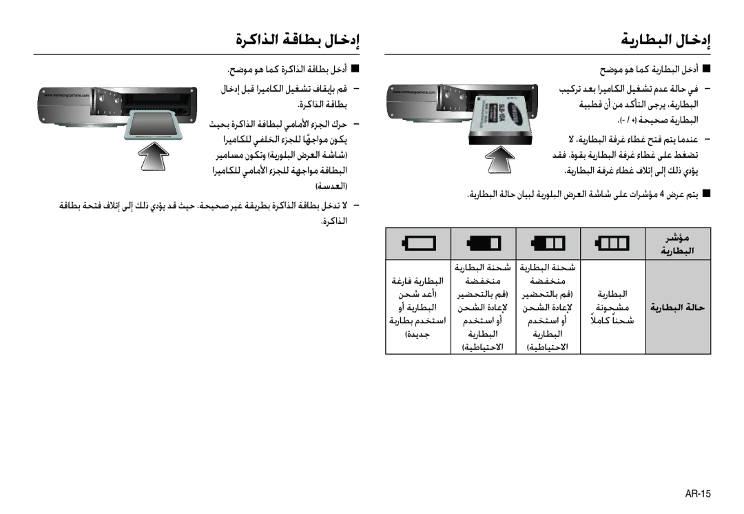 Samsung EC-M110ZSBD/AS, EC-M110ZSBB/TR manual ةﺮﻛاﺬﻟا ﺔﻗﺎﻄﺑ لﺎﺧدإ ﺔﻳرﺎﻄﺒﻟا لﺎﺧدإ, اﺮﻴﻣﺎﻜﻠﻟ ﻲﻣﺎﻣﻷا ءﺰﺠﻠﻟ ﺔﻬﺟاﻮﻣ ﺔﻗﺎﻄﺒﻟا 