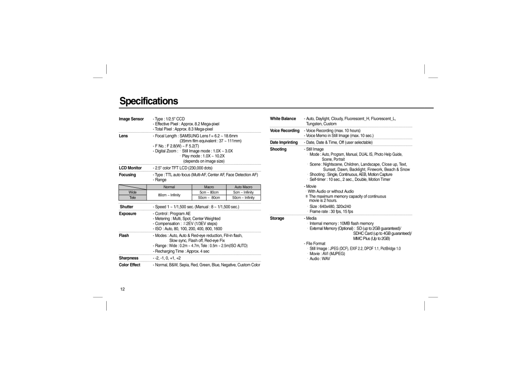 Samsung EC-M110ZSFB/RU, EC-M110ZSDB/E3, EC-M110ZSBB/FR, EC-M110ZSBB/IT, EC-M110ZSBE/E1, EC-M110ZSBF/E1 manual Specifications 