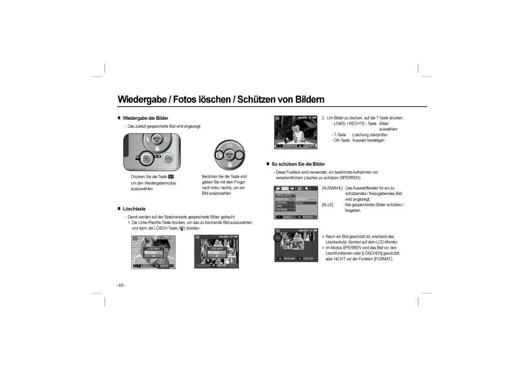 Samsung EC-M110ZSFB/RU manual Wiedergabe / Fotos löschen / Schützen von Bildern, Wiedergabe der Bilder, Löschtaste, ~10~ 