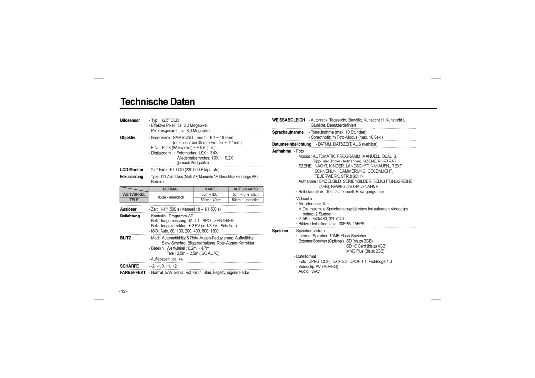 Samsung EC-M110ZSBB/FR, EC-M110ZSDB/E3, EC-M110ZSBB/IT manual Technische Daten, ~12~, Auslöser, Belichtung, Aufnahme Foto 