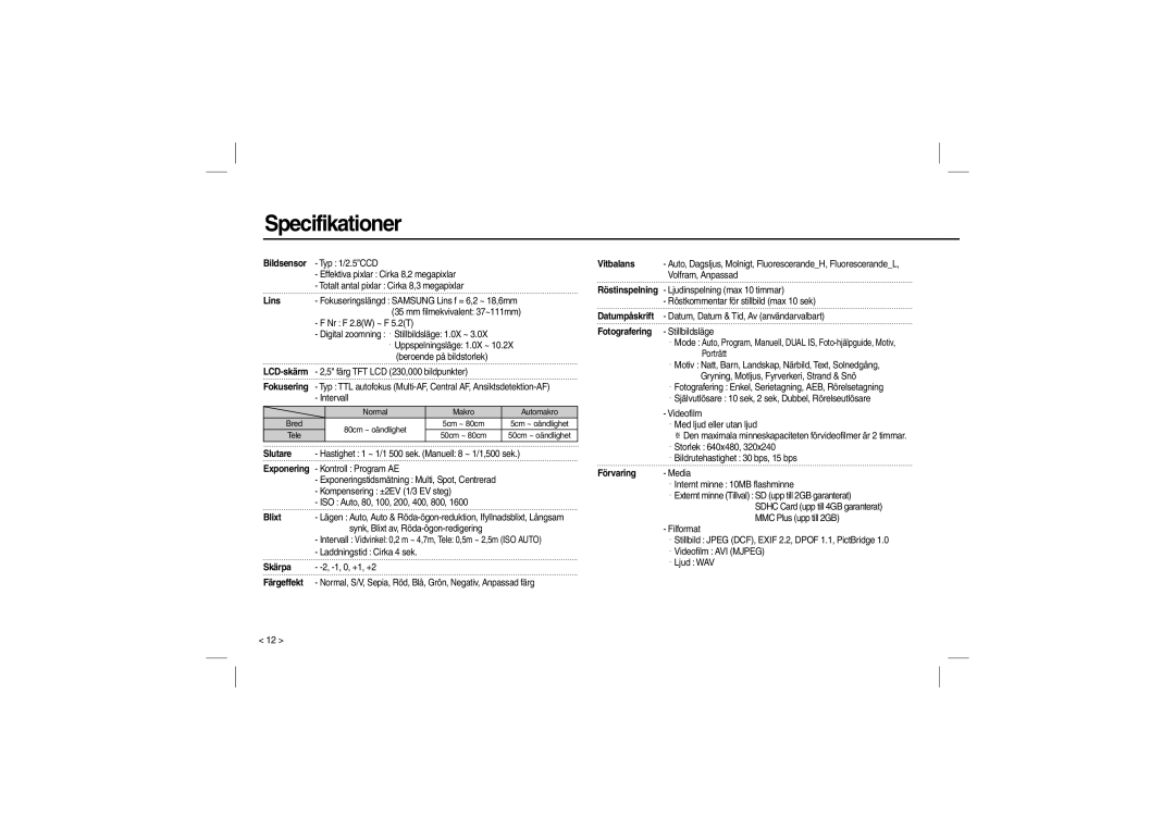 Samsung EC-M110ZSBC/AS, EC-M110ZSDB/E3, EC-M110ZSBB/FR, EC-M110ZSBB/IT, EC-M110ZSBE/E1, EC-M110ZSBF/E1 manual Specifikationer 