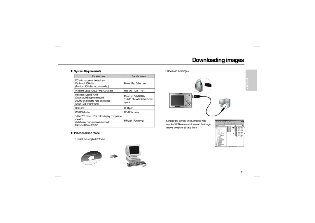 Samsung EC-M110ZSBB/RU, EC-M110ZSDB/E3, EC-M110ZSBB/FR manual Downloading images, System Requirements, PC connection mode 