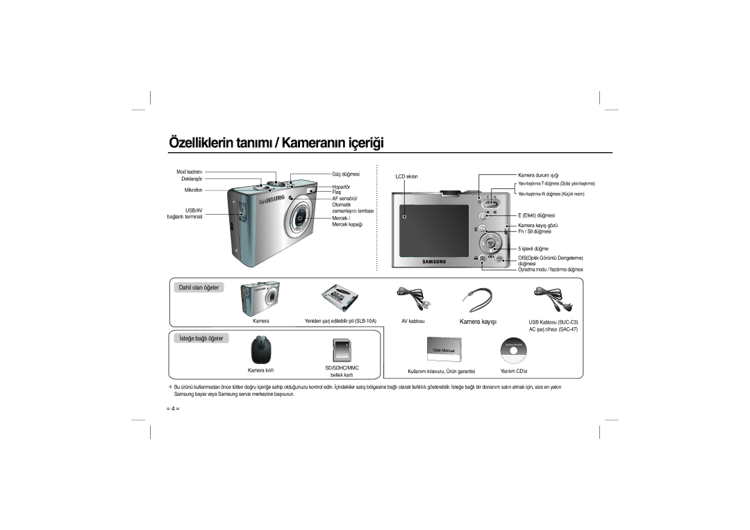 Samsung EC-M110ZSDE/AS, EC-M110ZSDB/E3, EC-M110ZSBB/FR, EC-M110ZSBB/IT manual Özelliklerin tanımı / Kameranın içeriği, Usb/Av 