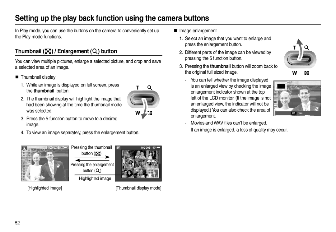 Samsung EC-M110ZBFB/RU Setting up the play back function using the camera buttons, Thumbnail  / Enlargement  button 