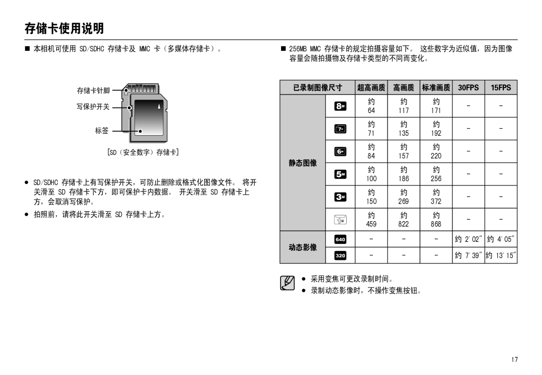 Samsung EC-M110ZSBE/E1, EC-M110ZSDB/E3 manual „ 本相机可使用 Sd/Sdhc 存储卡及 Mmc 卡（多媒体存储卡）。, 拍照前，请将此开关滑至 Sd 存储卡上方。, 已录制图像尺寸, 高画质 