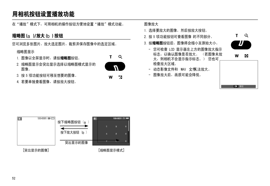 Samsung EC-M110ZSBB/FR manual 用相机按钮设置播放功能, 缩略图 /放大  按钮, 在播放模式下，可用相机的操作按钮方便地设置播放模式功能。, 动态影像文件和 Wav 文件无法放大。 图像放大后，画质可能会降低。 