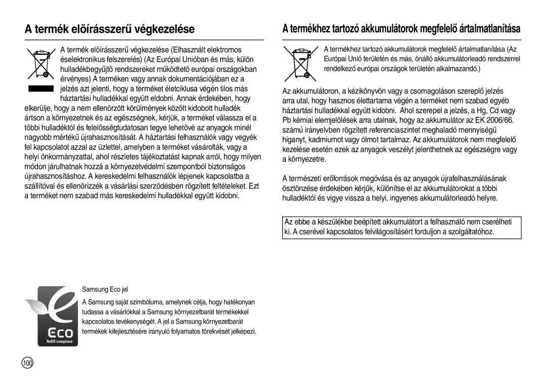 Samsung EC-M110ZSBB/FR, EC-M110ZSDB/E3, EC-M110ZSBE/E1, EC-M110ZSBF/E1 Termék elõírásszerű végkezelése, Samsung Eco jel, 100 