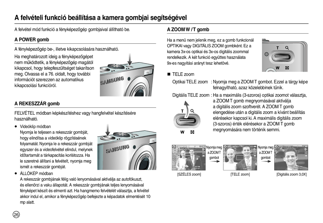 Samsung EC-M110ZSBF/E1 manual Felvételi funkció beállítása a kamera gombjai segítségével, Power gomb, Rekeszzár gomb 