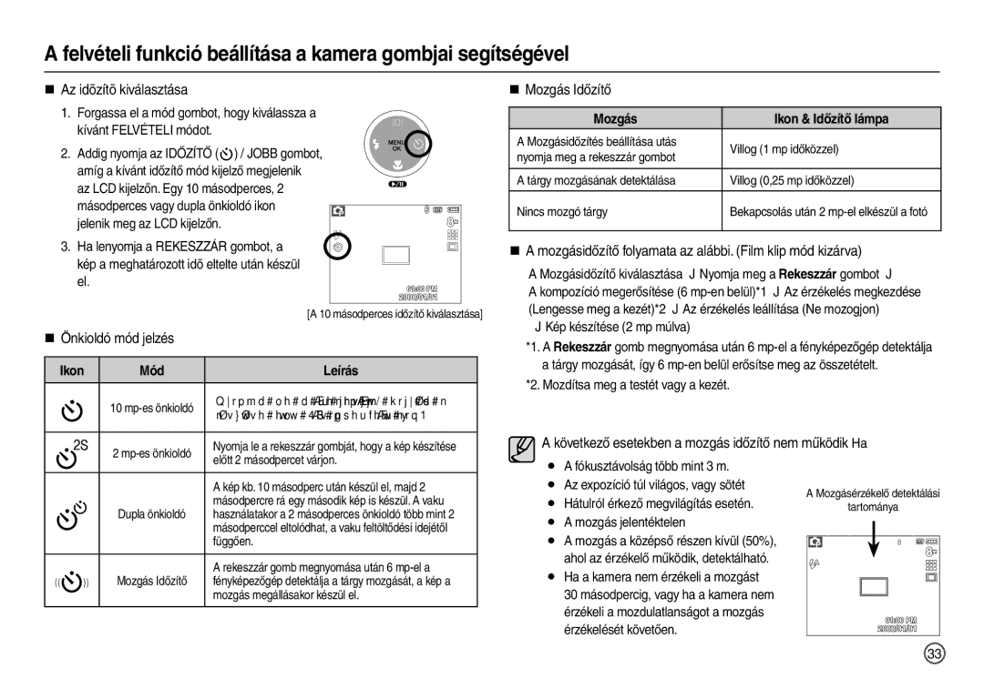 Samsung EC-M110ZSBE/E1 „ Az idõzítõ kiválasztása, „ Önkioldó mód jelzés, „ Mozgás Időzítő, Mozgás Ikon & Időzítő lámpa 