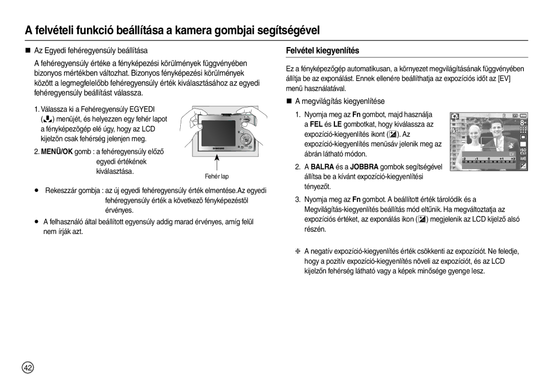 Samsung EC-M110ZSBF/E1 manual Felvétel kiegyenlítés, „ Az Egyedi fehéregyensúly beállítása, „ a megvilágítás kiegyenlítése 