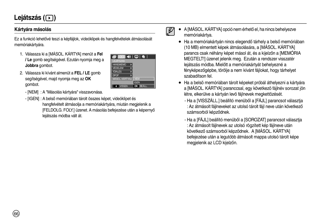 Samsung EC-M110ZSBF/E1 Kártyára másolás, Memóriakártya, Szabadítson fel, Számsorból képződnek, Megjelenik az LCD kijelzőn 