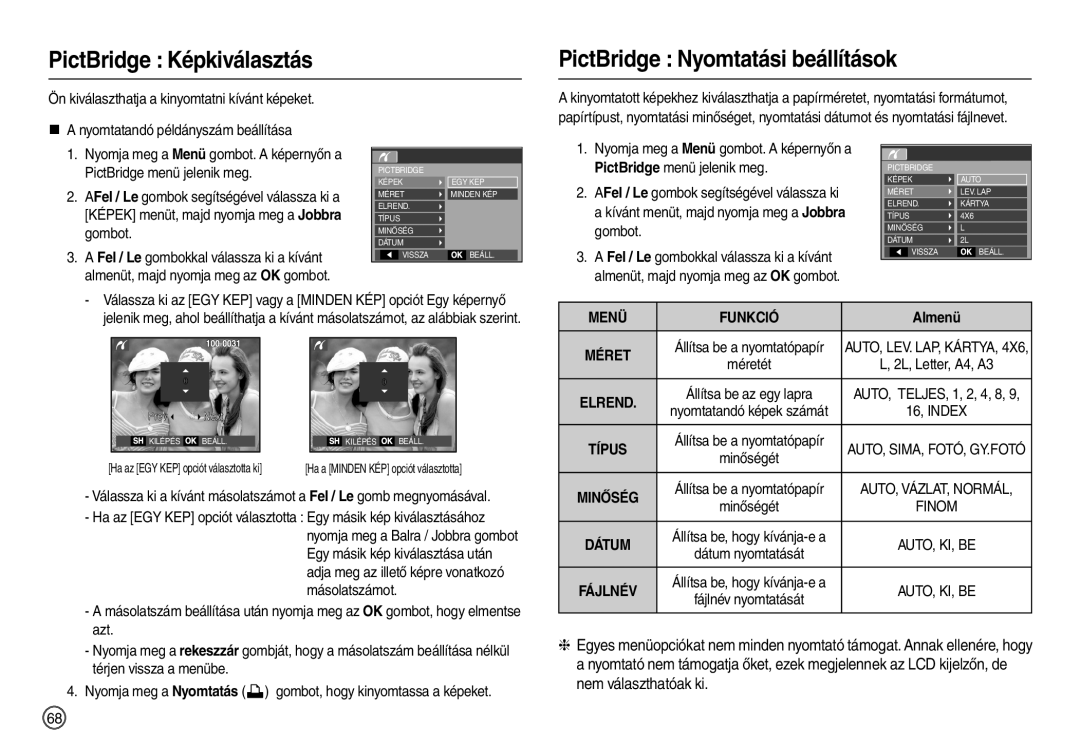 Samsung EC-M110ZSBB/FR manual PictBridge Képkiválasztás PictBridge Nyomtatási beállítások, PictBridge menü jelenik meg 