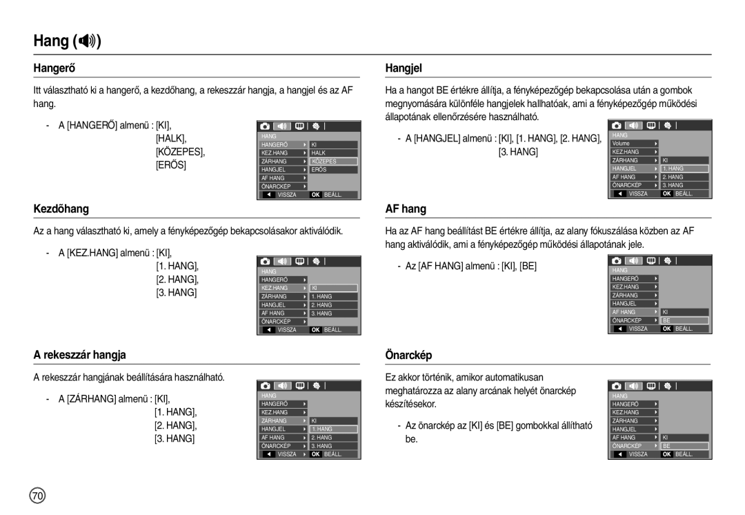 Samsung EC-M110ZSBF/E1, EC-M110ZSDB/E3 manual Hang , Hangerő, Hangjel, Kezdõhang AF hang, Rekeszzár hangja Önarckép 
