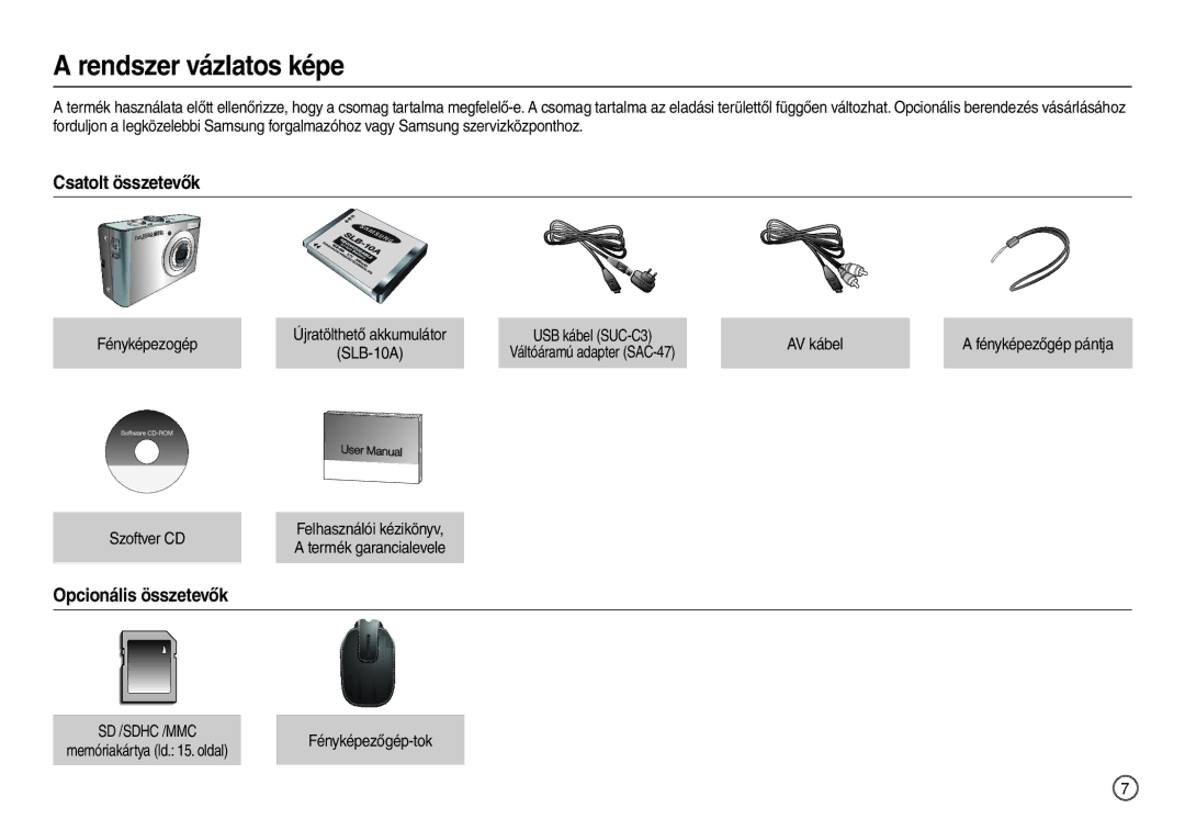 Samsung EC-M110ZSDB/E3, EC-M110ZSBB/FR, EC-M110ZSBE/E1, EC-M110ZSBF/E1 manual Csatolt összetevők, Opcionális összetevők 