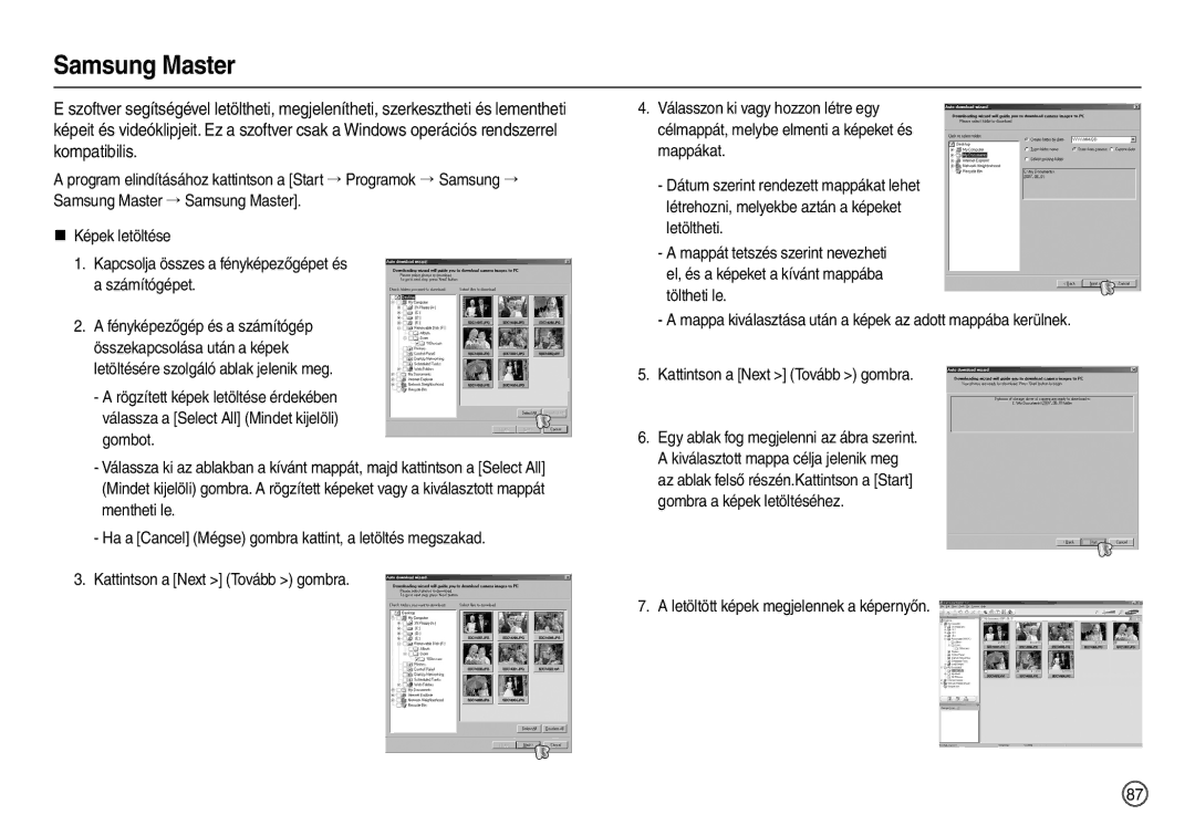 Samsung EC-M110ZSDB/E3, EC-M110ZSBB/FR, EC-M110ZSBE/E1 manual Samsung Master, Letöltött képek megjelennek a képernyőn 