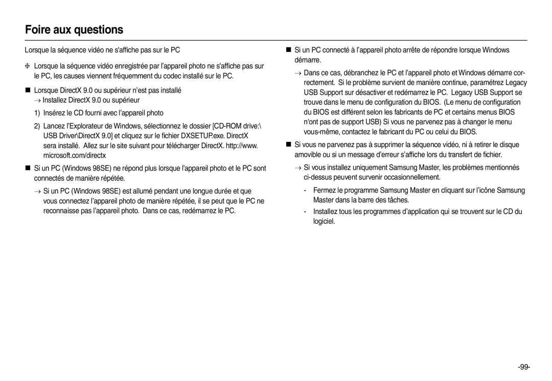 Samsung EC-M110ZSDB/E3, EC-M110ZSBB/FR manual Lorsque la séquence vidéo ne safﬁche pas sur le PC 