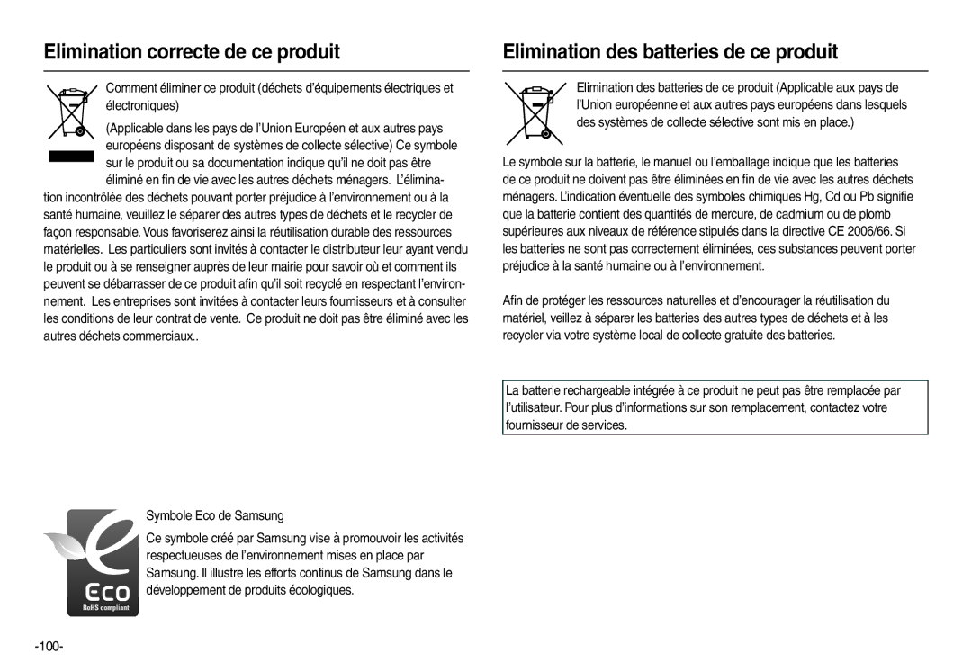 Samsung EC-M110ZSBB/FR Elimination correcte de ce produit, Elimination des batteries de ce produit, Symbole Eco de Samsung 