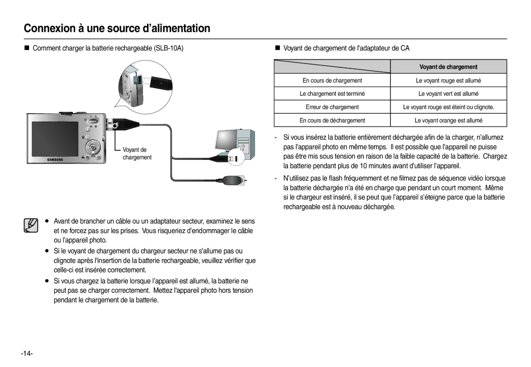 Samsung EC-M110ZSBB/FR „ Comment charger la batterie rechargeable SLB-10A, „ Voyant de chargement de ladaptateur de CA 