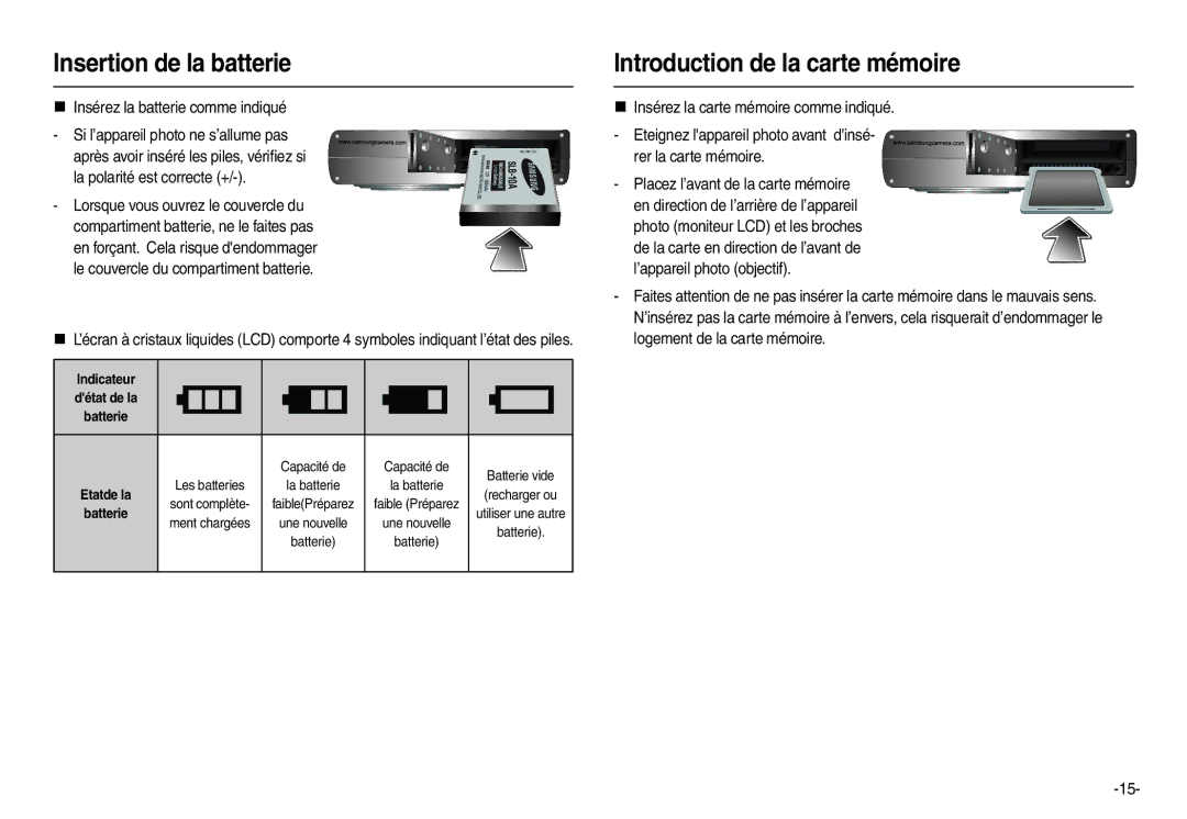 Samsung EC-M110ZSDB/E3 Insertion de la batterie, Introduction de la carte mémoire, „ Insérez la batterie comme indiqué 