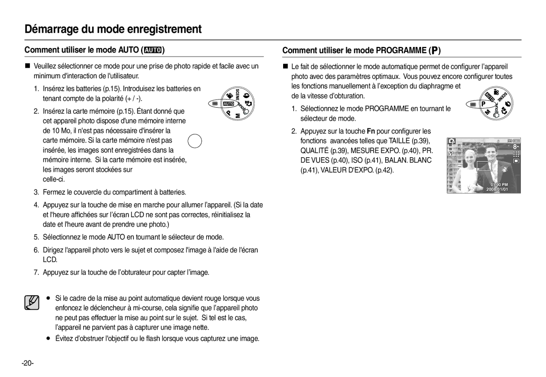 Samsung EC-M110ZSBB/FR Démarrage du mode enregistrement, Comment utiliser le mode Auto, Comment utiliser le mode Programme 