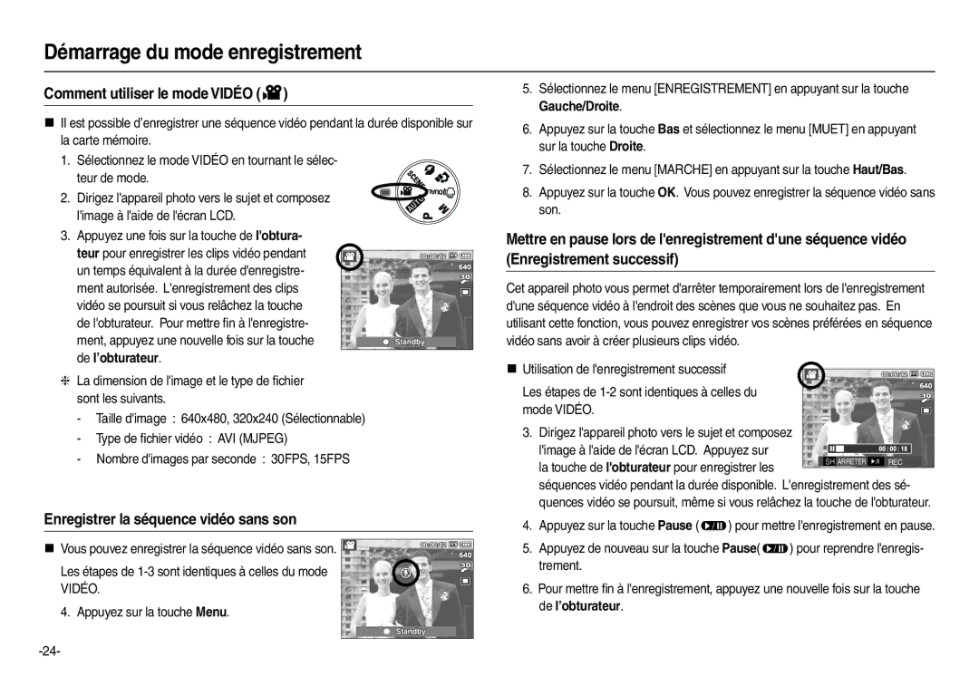 Samsung EC-M110ZSBB/FR Comment utiliser le mode Vidéo, Enregistrer la séquence vidéo sans son, Appuyez sur la touche Menu 