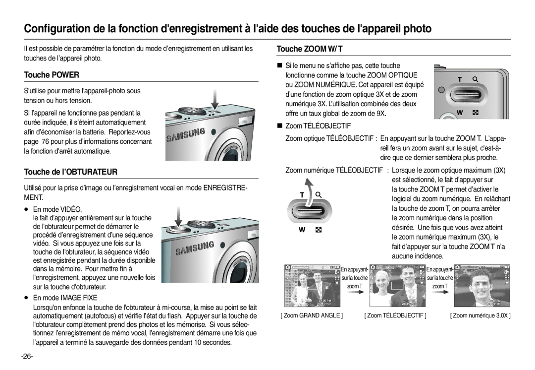 Samsung EC-M110ZSBB/FR, EC-M110ZSDB/E3 manual Touche Power, Touche de l’OBTURATEUR, Touche Zoom W/ T 