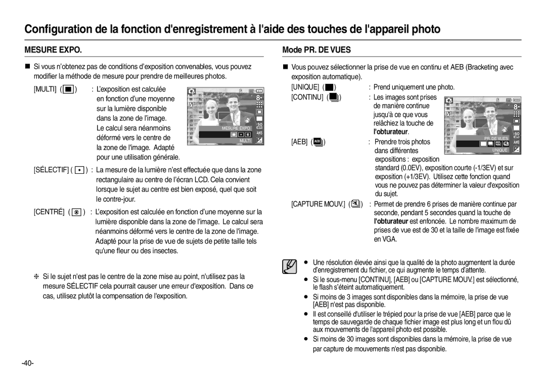 Samsung EC-M110ZSBB/FR, EC-M110ZSDB/E3 manual Mode PR. DE Vues, Continu , Lobturateur, Centré 