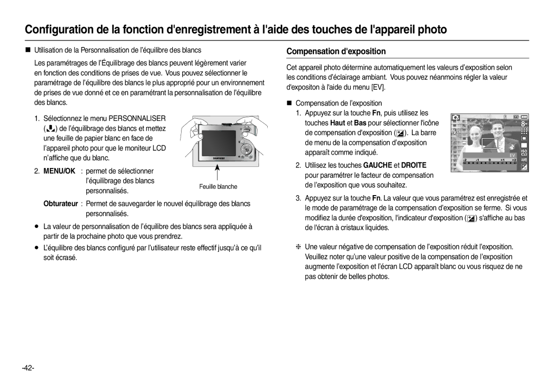 Samsung EC-M110ZSBB/FR Compensation dexposition, „ Compensation de l’exposition, Apparaît comme indiqué, Personnalisés 