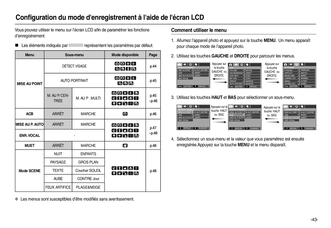 Samsung EC-M110ZSDB/E3 manual Conﬁguration du mode denregistrement à laide de lécran LCD, Comment utiliser le menu 