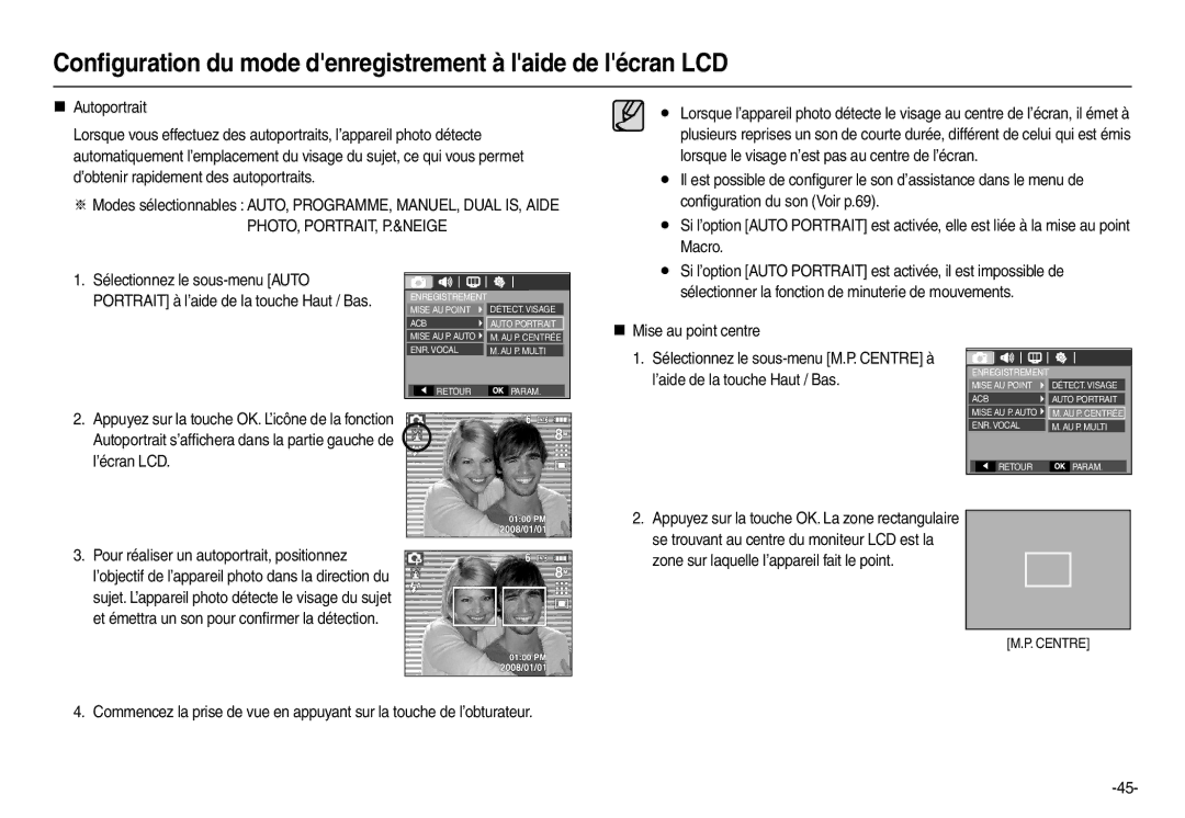 Samsung EC-M110ZSDB/E3 Lorsque le visage n’est pas au centre de l’écran, Conﬁguration du son Voir p.69, Macro, ’écran LCD 