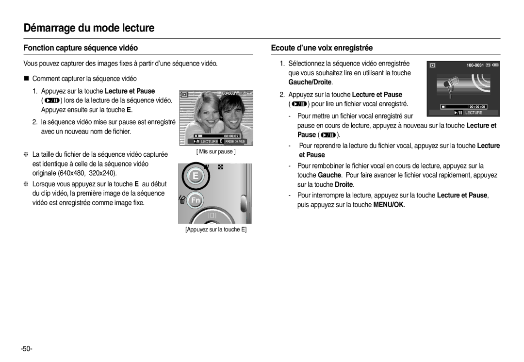 Samsung EC-M110ZSBB/FR, EC-M110ZSDB/E3 manual Fonction capture séquence vidéo, Ecoute d’une voix enregistrée, Et Pause 