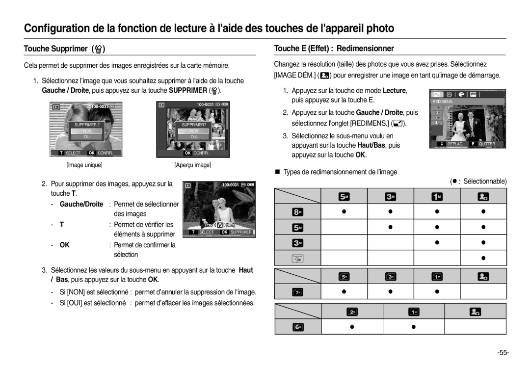 Samsung EC-M110ZSDB/E3, EC-M110ZSBB/FR manual Touche Supprimer  Touche E Effet Redimensionner 