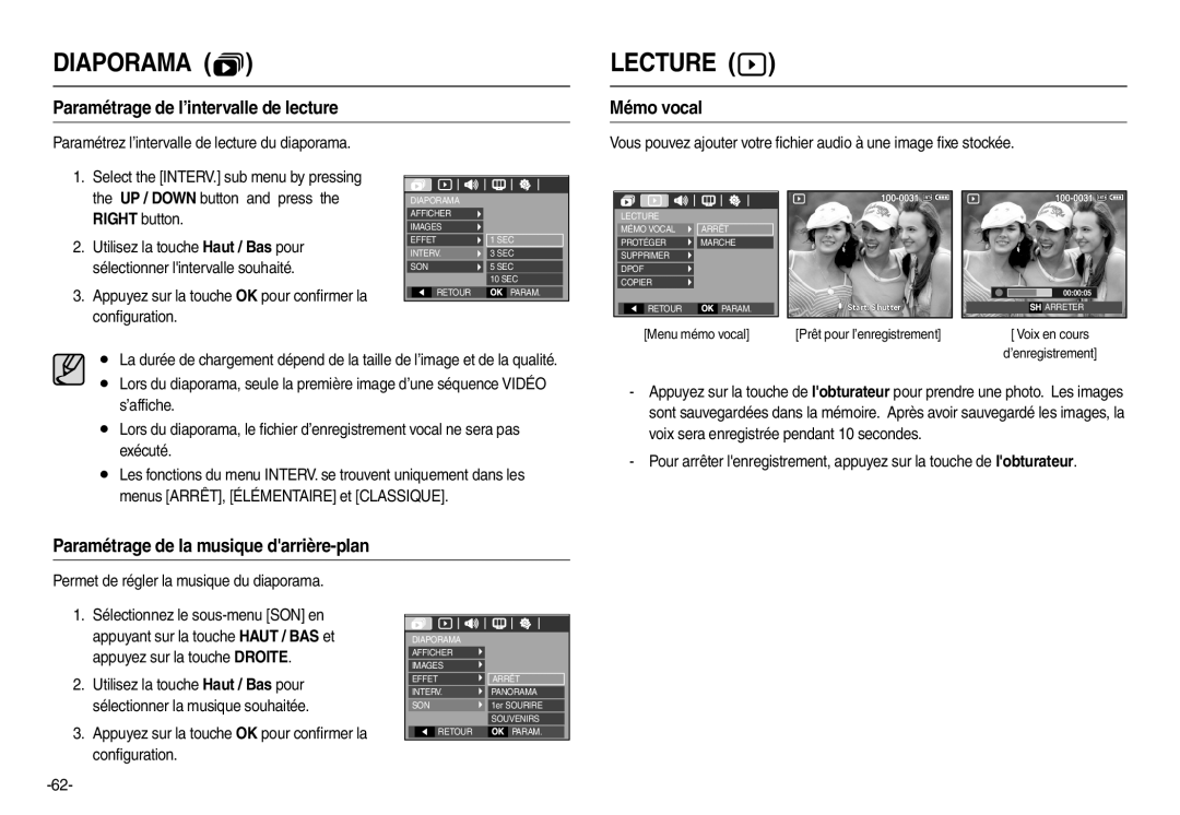 Samsung EC-M110ZSBB/FR manual Paramétrage de l’intervalle de lecture, Mémo vocal, Paramétrage de la musique darrière-plan 