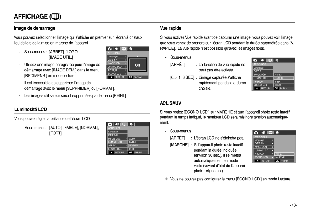 Samsung EC-M110ZSDB/E3, EC-M110ZSBB/FR manual Image de demarrage, Vue rapide, Luminosité LCD, Peut pas être activée 