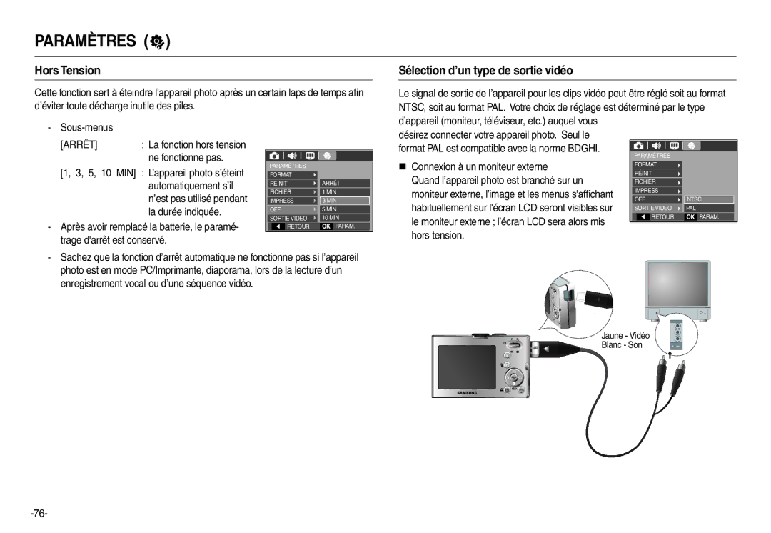 Samsung EC-M110ZSBB/FR Hors Tension, Sélection d’un type de sortie vidéo, ’appareil moniteur, téléviseur, etc. auquel vous 