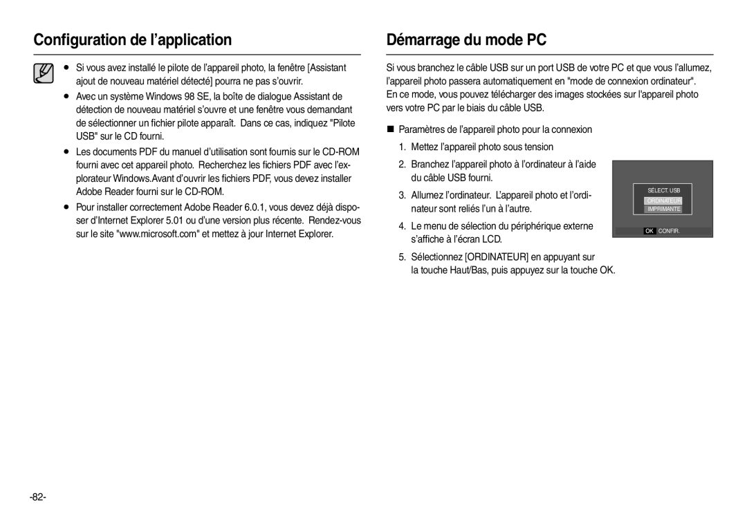 Samsung EC-M110ZSBB/FR, EC-M110ZSDB/E3 manual Démarrage du mode PC, USB sur le CD fourni, Adobe Reader fourni sur le CD-ROM 