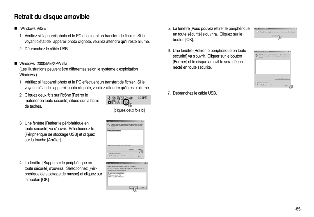 Samsung EC-M110ZSDB/E3, EC-M110ZSBB/FR manual Retrait du disque amovible, „ Windows 98SE, De tâches Cliquez deux fois ici 