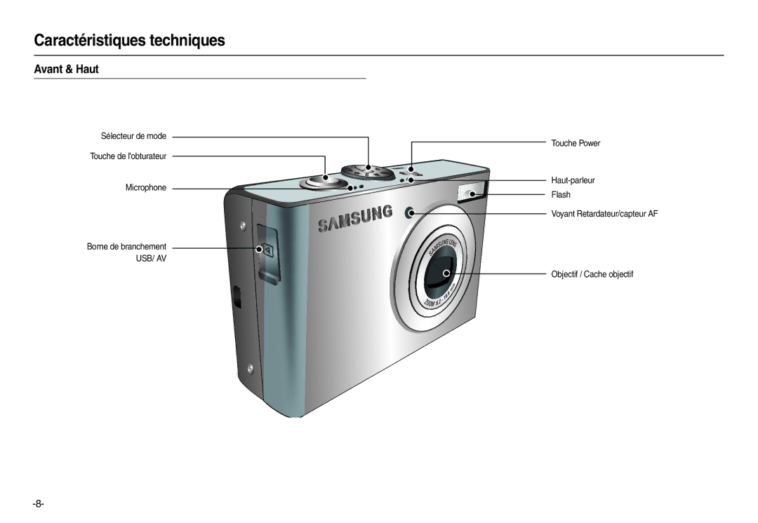 Samsung EC-M110ZSBB/FR, EC-M110ZSDB/E3 manual Caractéristiques techniques, Avant & Haut 