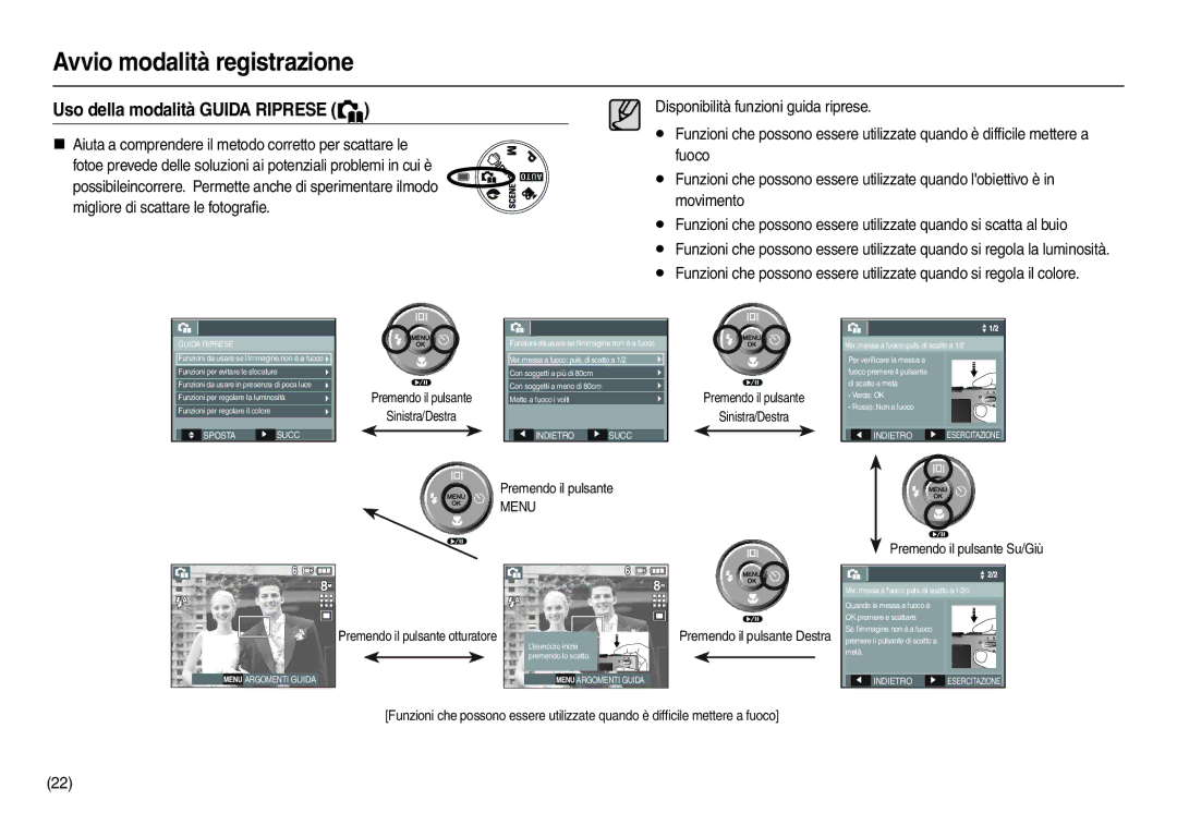 Samsung EC-M110ZSBF/E1, EC-M110ZSDB/E3, EC-M110ZSBB/IT, EC-M110ZSBE/E1 manual Uso della modalità Guida Riprese, Menu 